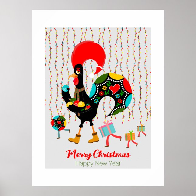 Christmas lights, baubles, presents and Rooster Poster (Front)