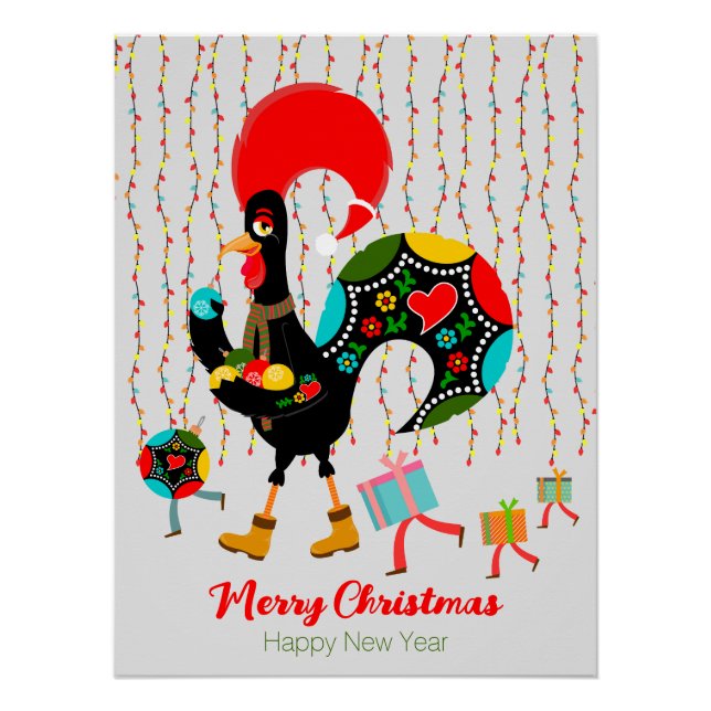 Christmas lights, baubles, presents and Rooster Poster (Front)