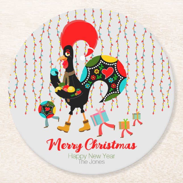Christmas lights, baubles, presents and Rooster Round Paper Coaster (Front)