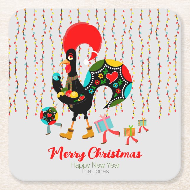 Christmas lights, baubles, presents and Rooster Square Paper Coaster (Front)