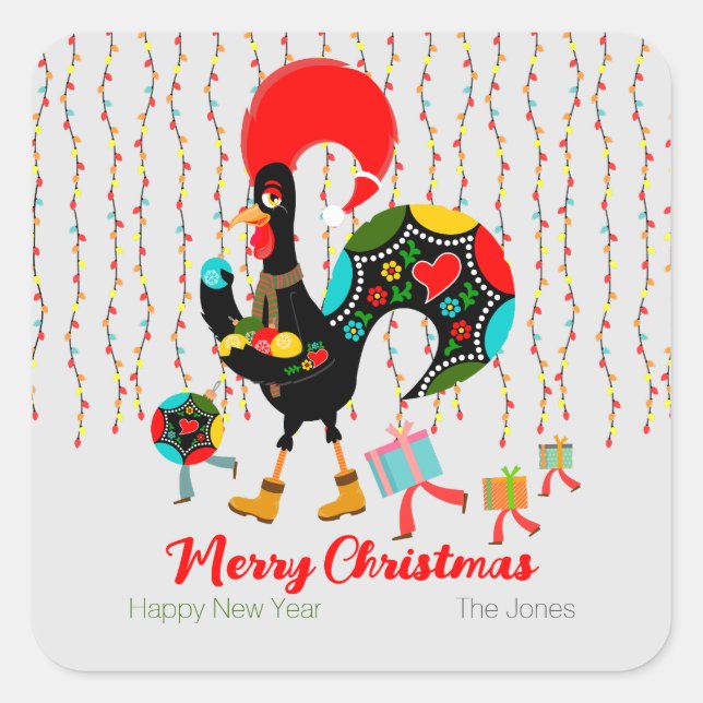 Christmas lights, baubles, presents and Rooster Square Sticker (Front)