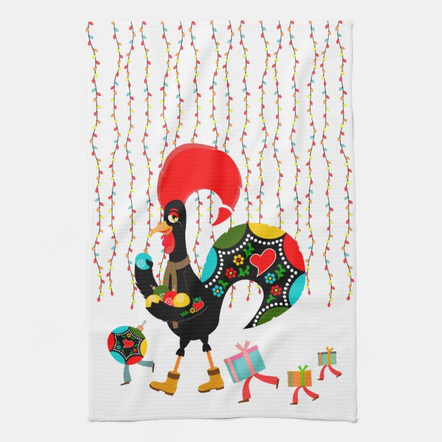Christmas lights, baubles, presents and Rooster Tea Towel (Vertical)