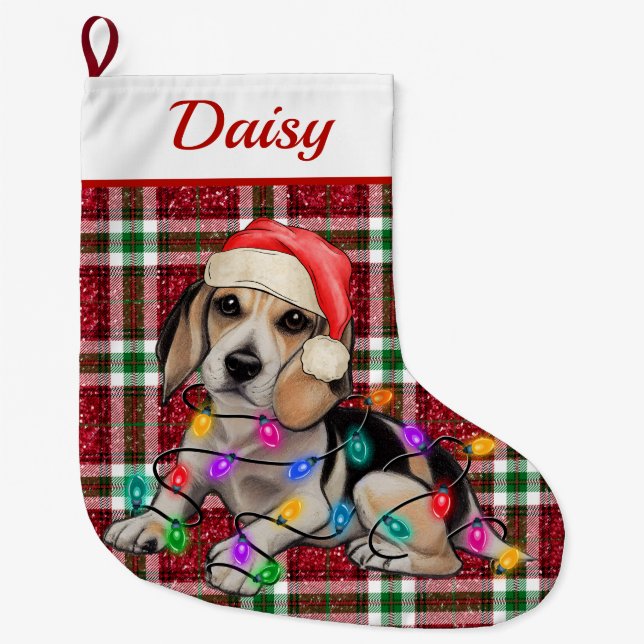 Christmas Lights Beagle Sparkly Plaid Tartan Large Christmas Stocking (Front)