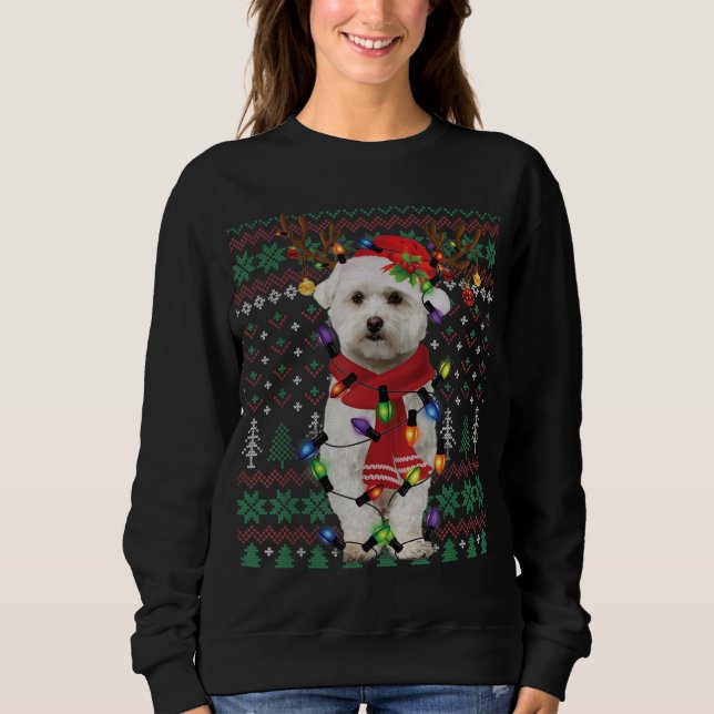 Christmas Lights Bichon Frise Reindeer Santa Ugly  Sweatshirt (Front)