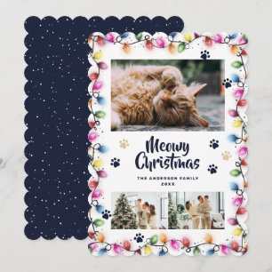 Christmas Lights Blue Cat Paws Photo Meowy Holiday Card