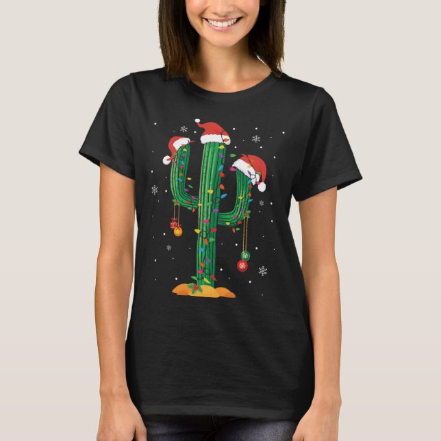 Christmas Lights Cactus Lover Funny Xmas Pajama Gi T-Shirt (Front)