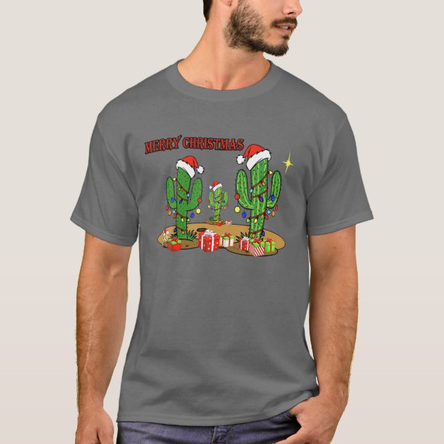 Christmas Lights Cactus Lover Funny Xmas T-Shirt (Front)