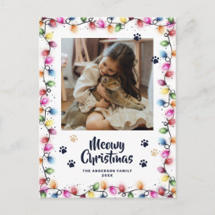 Christmas Lights Cat Paws Blue Photo Meowy Postcard