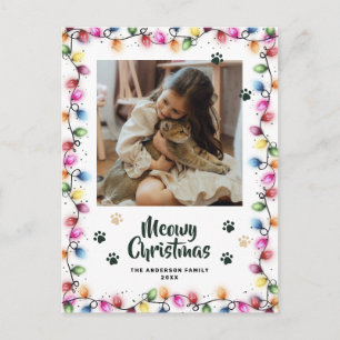 Christmas Lights Cat Paws Green Photo Meowy Postcard