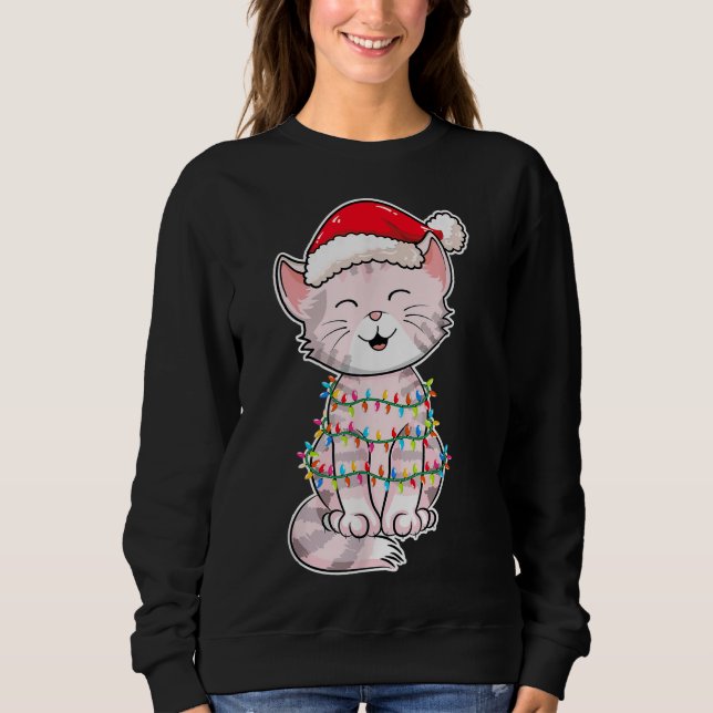 Christmas Lights Cat Wearing Xmas Hat - Cute Cat L Sweatshirt (Front)