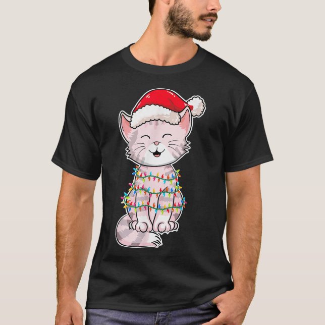 Christmas Lights Cat Wearing Xmas Hat - Cute Cat L T-Shirt (Front)
