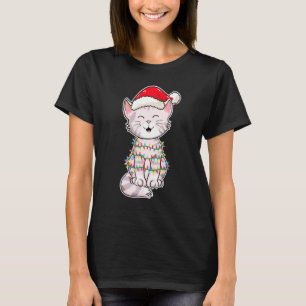 Christmas Lights Cat Wearing Xmas Hat Cute Cat T-Shirt
