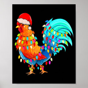 Christmas Lights Chicken Wearing Xmas Hat Chicken Poster