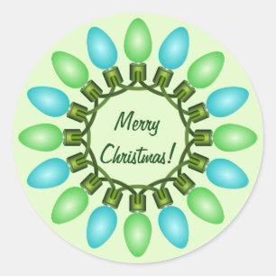 Christmas Lights Circle in Blue and Green Classic Round Sticker