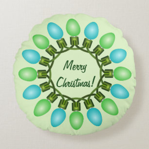 Christmas Lights Circle in Blue and Green Round Cushion
