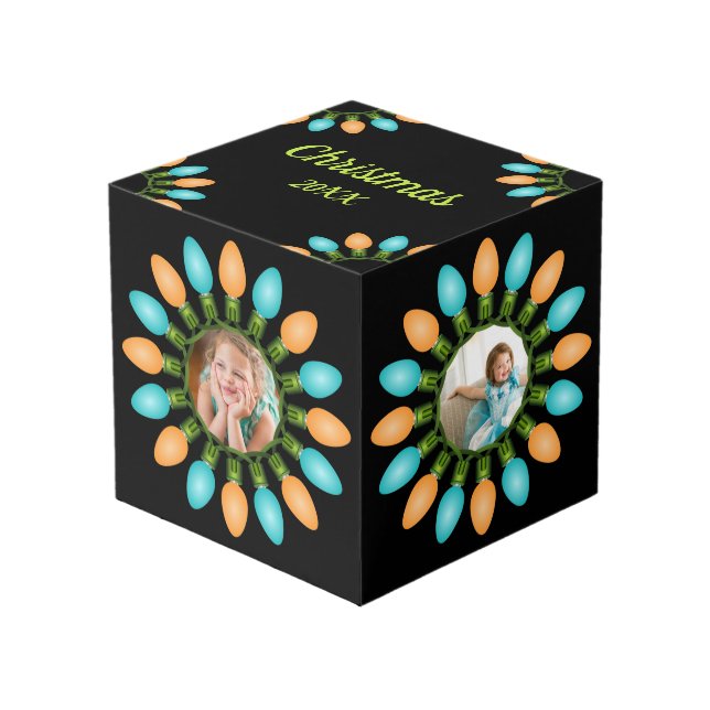 Christmas Lights Circle Orange and Blue Photo Cube (Front Angled)