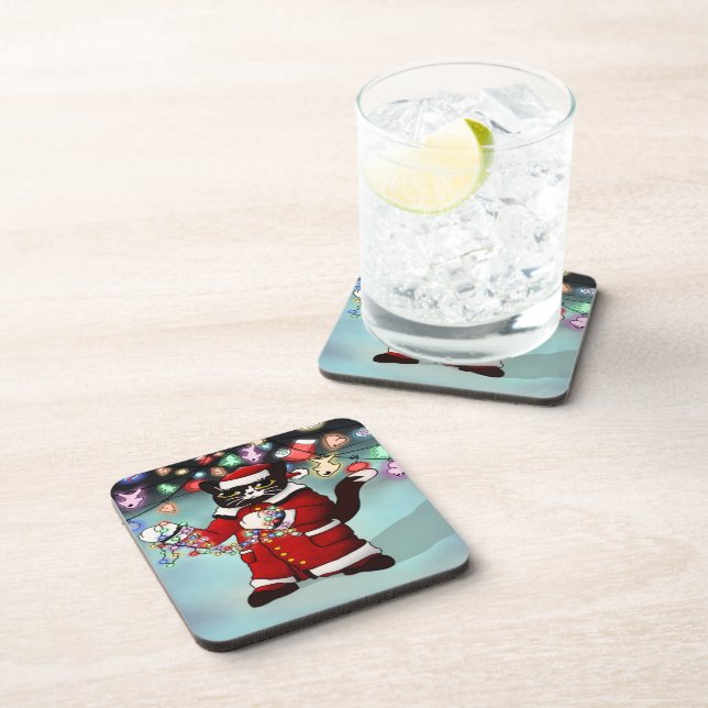 Christmas Lights Cute Tuxedo Cat Coaster (Right Side)