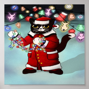 Christmas Lights Cute Tuxedo Cat Poster