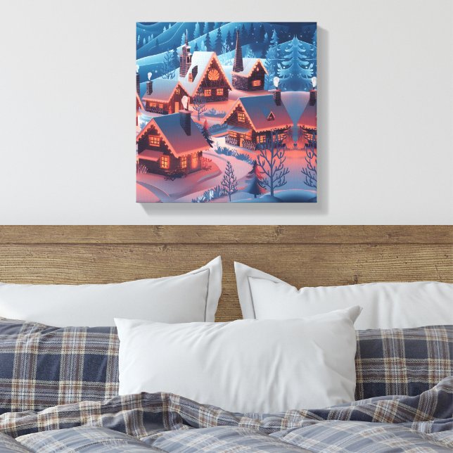 Christmas Lights Decorated Snow Covered Village Ho Canvas Print (Insitu(Bedroom))