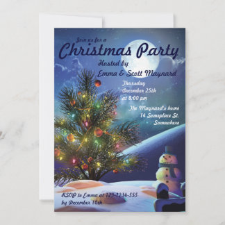 Christmas lights decorated tree moon night snowman invitation