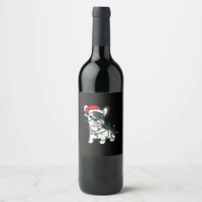 christmas lights decoration funny french bulldog wine label (Front)