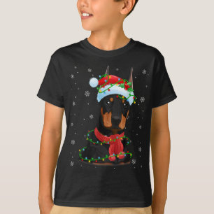 Christmas Lights Doberman Dog Santa Hat Scarf T-Shirt