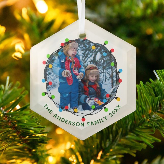 Christmas Lights Family Photo Cute Annual Keepsake Glass Tree Decoration (Creator Uploaded)