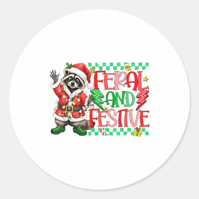 Christmas Lights Feral But Festive Funny Raccoon S Classic Round Sticker (Front)