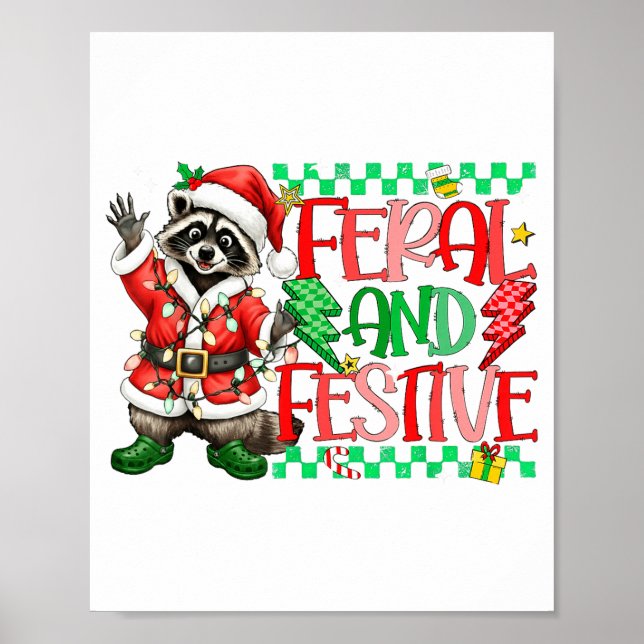 Christmas Lights Feral But Festive Funny Raccoon S Poster (Front)