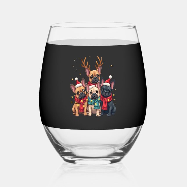 Christmas Lights French Bulldogs Xmas Frenchie Dog Stemless Wine Glass (Front)