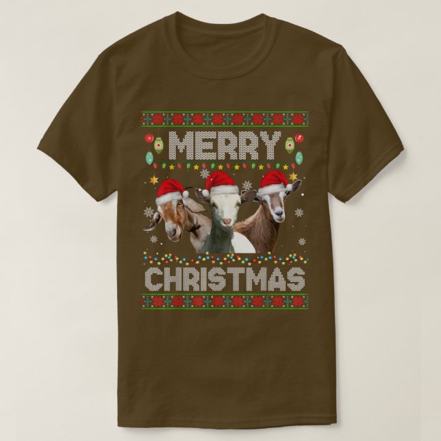 Christmas Lights Funny Xmas Santa Hat Goat Animals T-Shirt (Design Front)