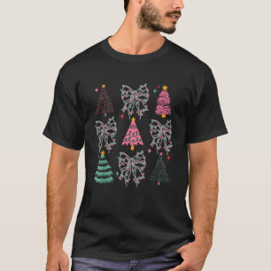 Christmas Lights Girly Coquette Bow Pink Xmas Tree T-Shirt