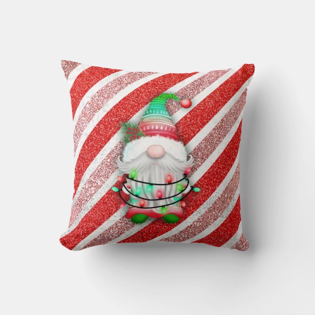 Christmas lights Gnome On Candy Cane Glitter Cushion (Front)