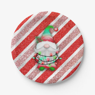 Christmas lights Gnome On Candy Cane Glitter Paper Plate