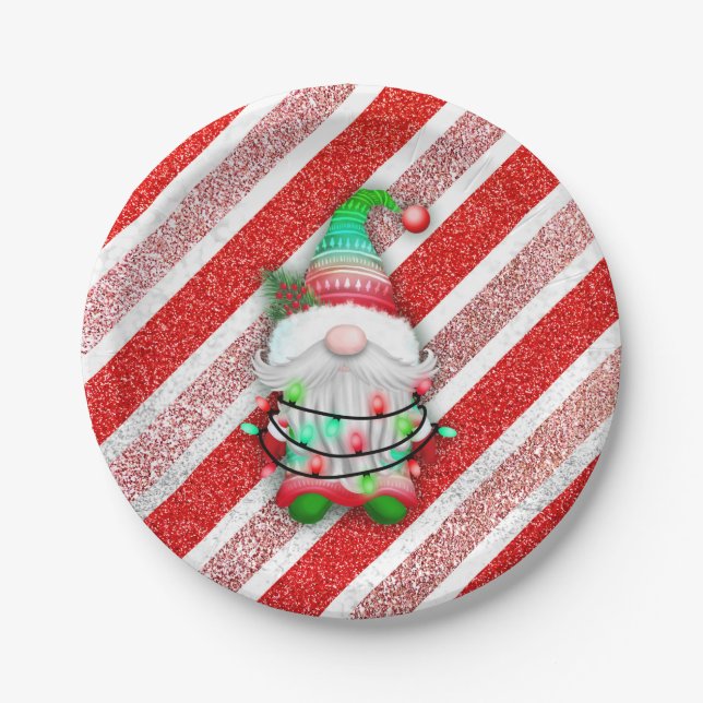Christmas lights Gnome On Candy Cane Glitter Paper Plate (Front)
