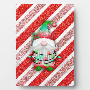 Christmas lights Gnome On Candy Cane Glitter Plaque