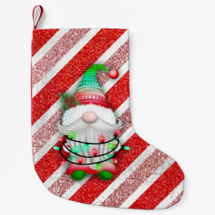 Christmas lights Gnome On Candy Cane Glitter Small Christmas Stocking