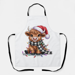 Christmas Lights Highland Cow Santa Hat Apron
