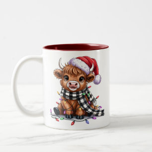 Christmas Lights Highland Cow Santa Hat Two-Tone Coffee Mug