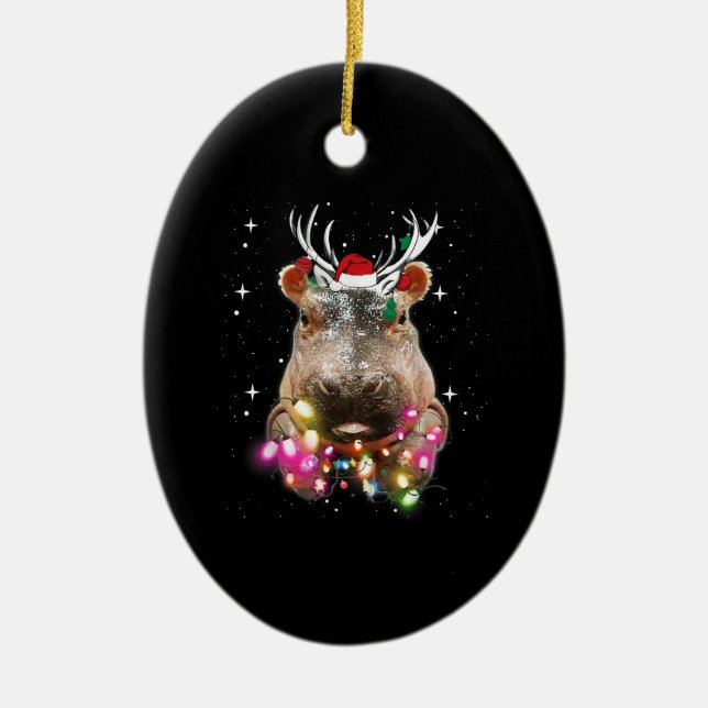 Christmas Lights Hippo Fiona Hippopotamus Lover Ceramic Tree Decoration (Front)