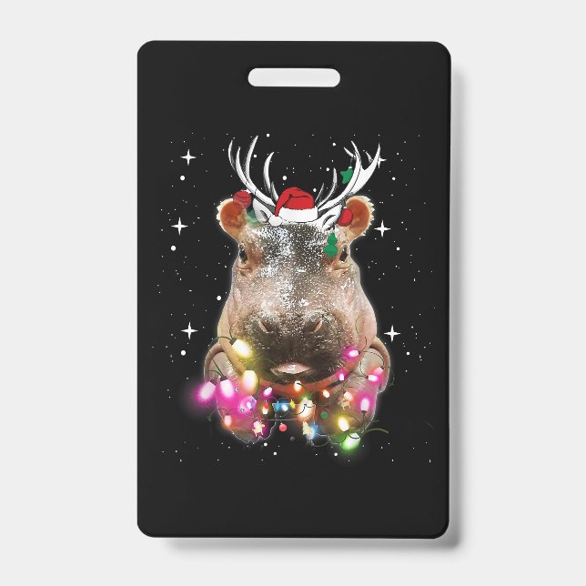 Christmas Lights Hippo Fiona Hippopotamus Lover ID Badge (Front)