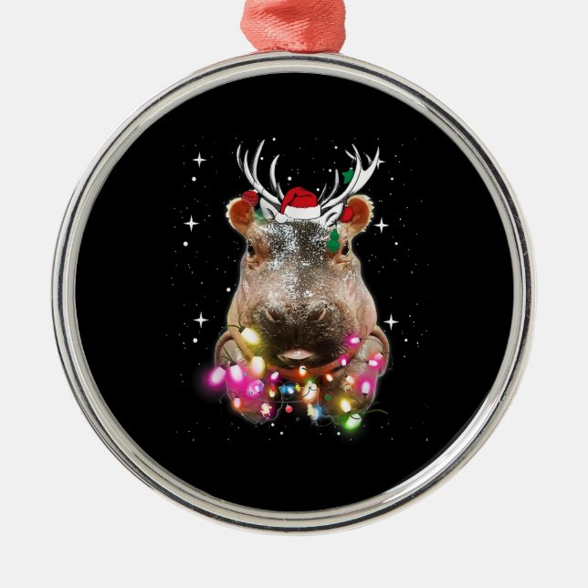 Christmas Lights Hippo Fiona Hippopotamus Lover Metal Tree Decoration (Front)