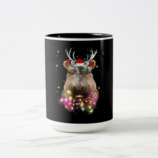 Christmas Lights Hippo Fiona Hippopotamus Lover Two-Tone Coffee Mug (Center)