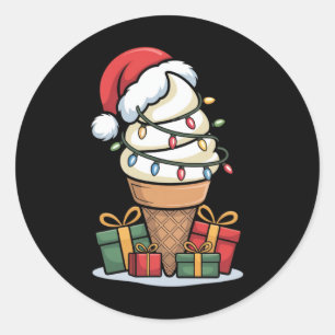 Christmas Lights Ice Cream Cone With Santa Hat Des Classic Round Sticker