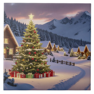 Christmas lights landscape with snow tile
