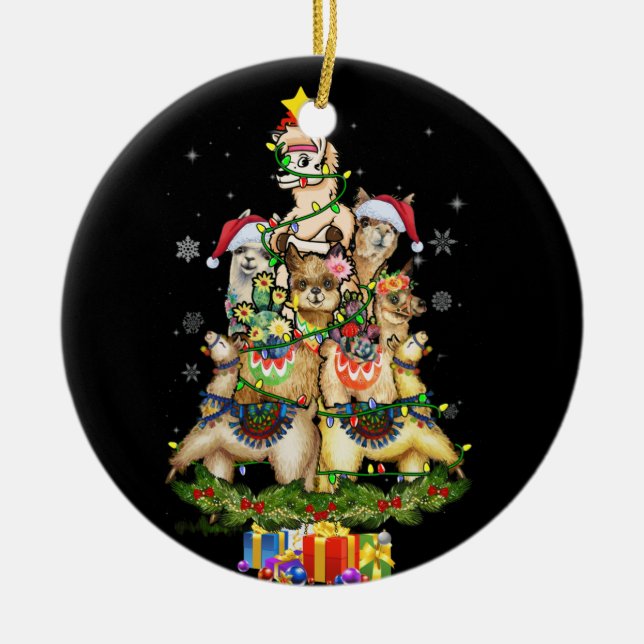 Christmas Lights Llama Santa Hat Tree Llama Ceramic Tree Decoration (Front)
