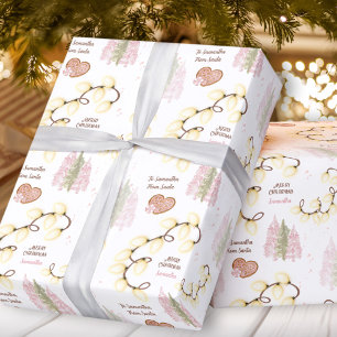 Christmas Lights Modern Pink White Custom Name Wrapping Paper