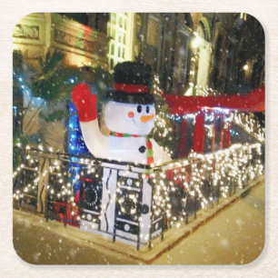 Christmas Lights Nighttime NYC Snowman  Square Paper Coaster