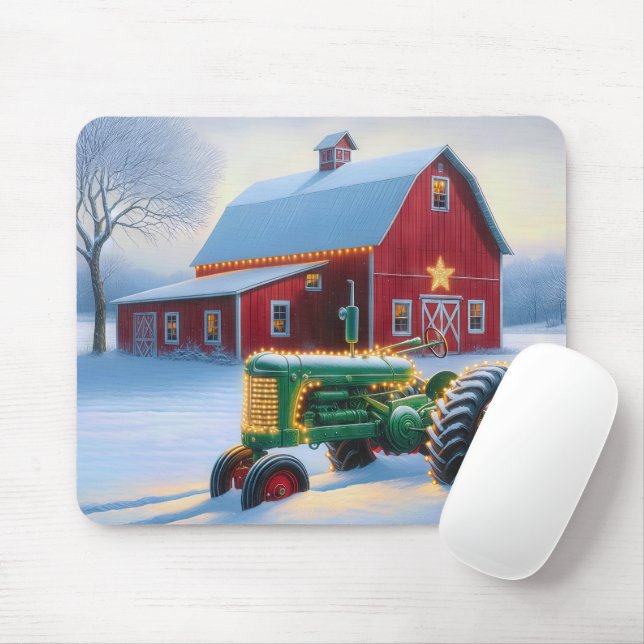 Christmas Lights On a Green Farm Tractor Mouse Pad (With Mouse)