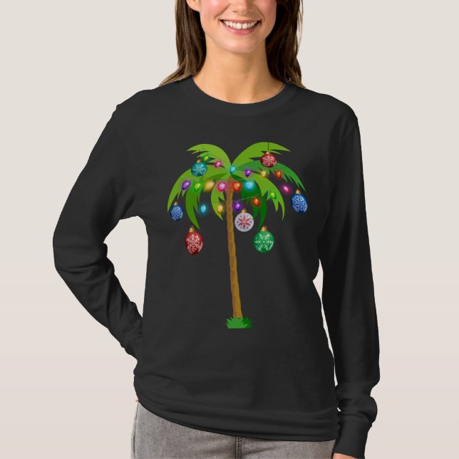 Christmas Lights Palm Tree Funny Hawaii Beach Trop T-Shirt (Front)